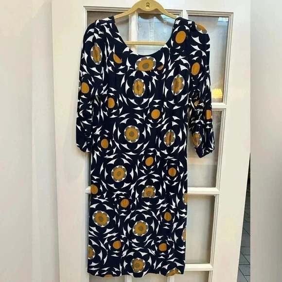 Vintage Y2K BCBGMAXAZRIA Navy Gold  Stretchy Retro Tunic Shift Dress Size Large - Picture 8 of 8